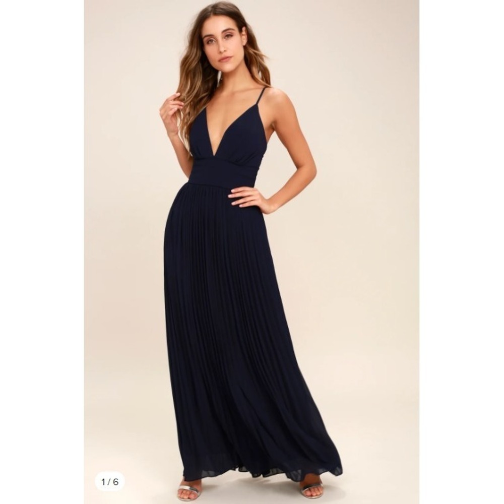NWT Lulus Depths of My Love Navy Maxi Dress‎ XL V Neck Cross back Formal Prom